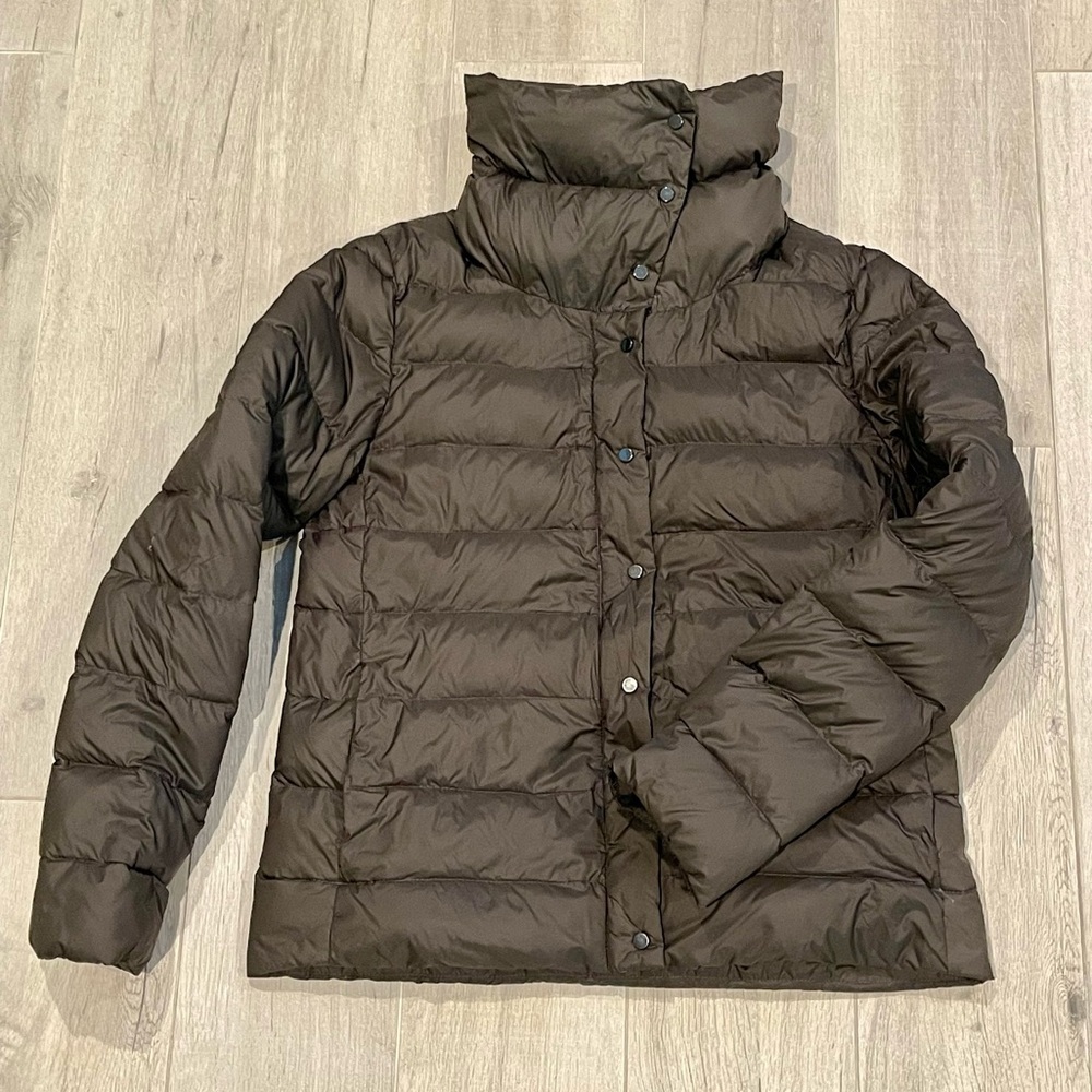 Zara Woman Brown Down Puffer Jacket High Neck Snap Zip Women's Small lightweight